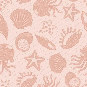 Pattern sea shells starfish and jellyfish pink vector ocean tropical animals 스톡 일러스트