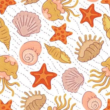 Pattern sea shells starfish and jellyfish vector ocean tropical animals cartoon Illustrazione stock