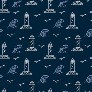 The pattern of the sea with waves and a lighthouse. Lighthouse buildings and a Stock Illustration