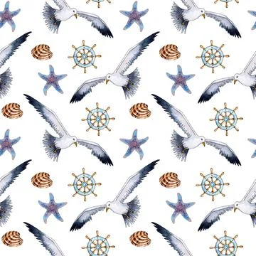 Pattern seagull, steering wheel and shell Stock Illustration