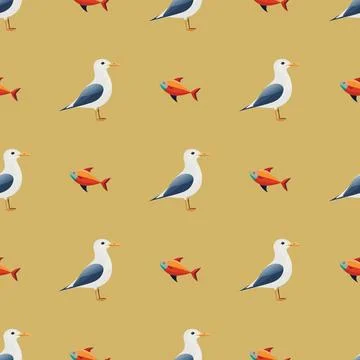 A pattern of seagulls and fish on a yellow background Stock Illustration