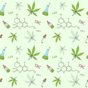 Pattern seamless background of Cannabis or hemp oil and equipment. Stock Illustration