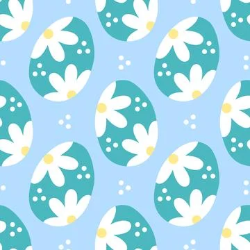 Pattern seamless with blue Easter eggs and flowers chamomiles. Illustrazione stock