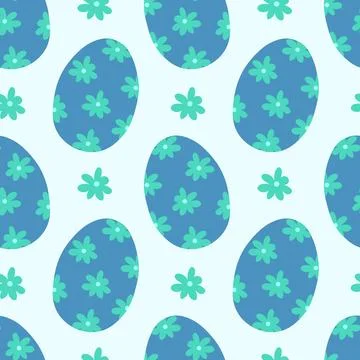 Pattern seamless with blue Easter eggs and flowers. Happy Easter 스톡 일러스트