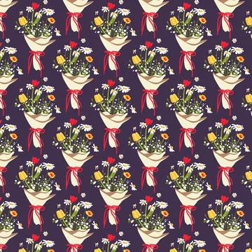 Pattern seamless brown background summer bouquet Field spring yellow red flowers Stock Illustration