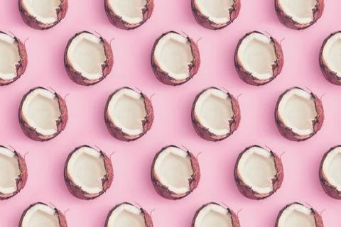 Pattern seamless coconut on a pink background isolate, copyspace, layout Stock Photos