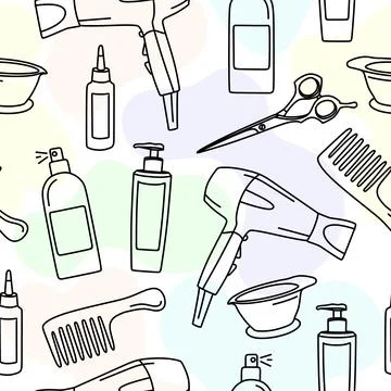 The pattern is seamless of cosmetics and objects. Hair care products. Vector Stock Illustration