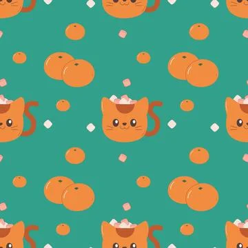 Pattern seamless cute mug with cat and tangerine, winter, christmas. Stock Illustration