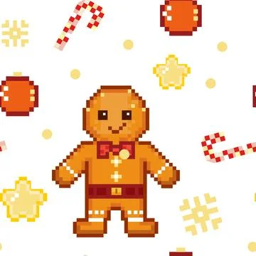 Pattern seamless cute  pixel art  gingerbread man ,isolated Stock Illustration