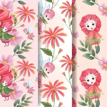 Pattern seamless with floral character concept design watercolor illustration Stock Illustration