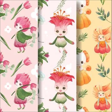 Pattern seamless with floral character concept design watercolor illustration Stock Illustration
