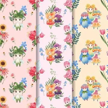 Pattern seamless with floral character concept design watercolor illustration Stock Illustration