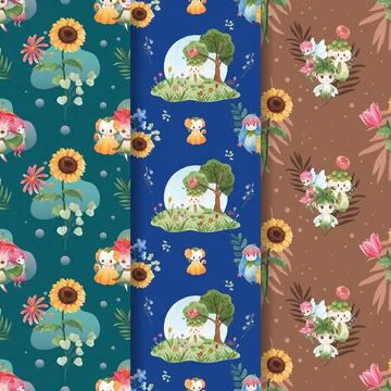 Pattern seamless with floral character concept design watercolor illustration Stock Illustration
