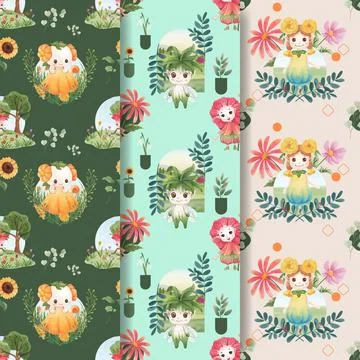 Pattern seamless with floral character concept design watercolor illustration Stock Illustration