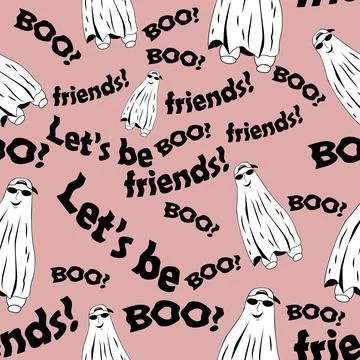 Pattern seamless of friendly smiling ghost in black and white style Stock Illustration