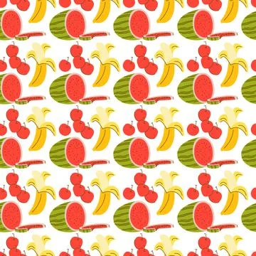 Pattern seamless with fruit element. Doodle watermelon, banana, cherry elemen Stock Illustration