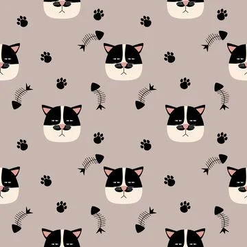 Pattern seamless funny face cat head arrogant black and white Stock Illustration