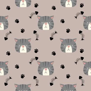 Pattern seamless funny face cat head arrogant gray strip Stock Illustration