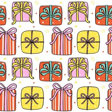 Pattern Seamless Groovy Christmas present gift box red and pink cartoon doo.. Stock Illustration