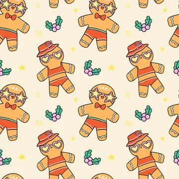 Pattern Seamless Groovy Christmas Summer Gingerbread Man and Girl cartoon d.. Stock Illustration