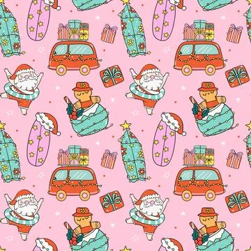 Pattern Seamless Groovy Christmas Summer Santa beach and car cartoon doodle.. Stock Illustration