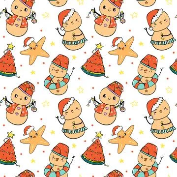 Pattern Seamless Groovy Christmas Summer Sandman cartoon doodle isolated on.. Stock Illustration