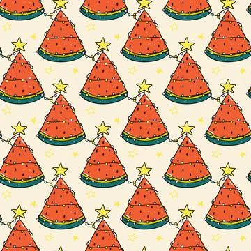 Pattern Seamless Groovy Christmas Summer Watermelon Tree with decorated lig.. Stock Illustration
