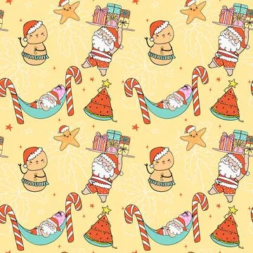 Pattern Seamless Groovy Christsmas Summer Santa and sandman cartoon doodle .. Stock Illustration