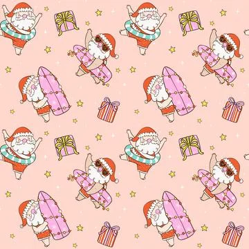 Pattern Seamless Groovy Christsmas Summer Santa Beach with surfboard cartoo.. 库存插图