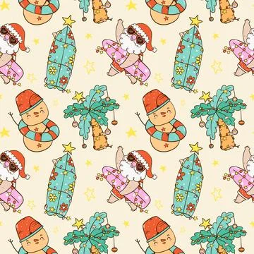 Pattern Seamless Groovy Christsmas Summer Tropical Santa and sandman cartoo.. Stock Illustration