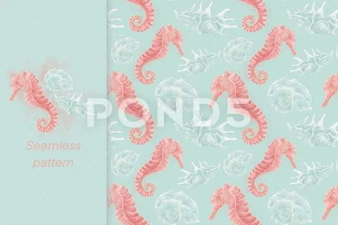 A pattern seamless of illustrations of a seahorse, shells on a blue Modello PSD
