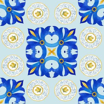 Pattern seamless with Italian tile design watercolor vector illustration 스톡 일러스트