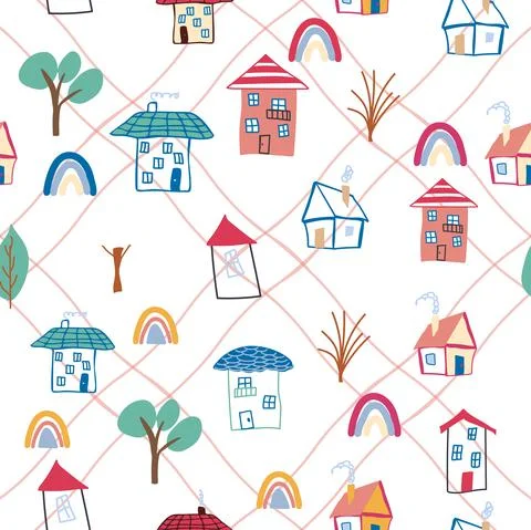 Pattern seamless kids with home doodle coloring element. house pattern, cute  Illustrazione stock