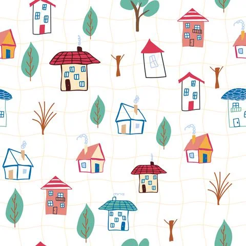Pattern seamless kids with home doodle coloring element. house pattern, cute  Stockillustratie