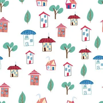 Pattern seamless kids with home doodle coloring element. house pattern, cute  Illustrazione stock
