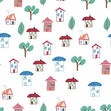 Pattern seamless kids with home doodle coloring element. house pattern, cute  イラスト素材