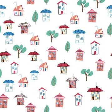 Pattern seamless kids with home doodle coloring element. house pattern, cute  Illustrazione stock