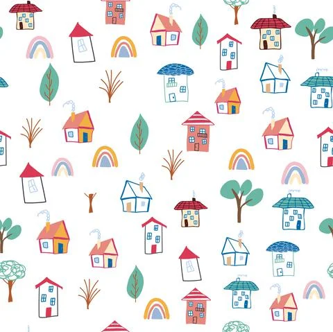 Pattern seamless kids with home doodle coloring element. house pattern, cute  Illustrazione stock