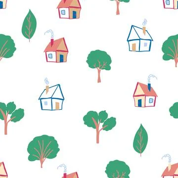 Pattern seamless kids with home doodle coloring element. house pattern, cute  스톡 일러스트