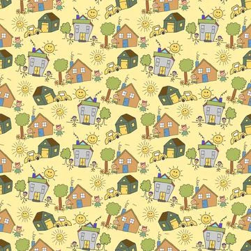 Pattern seamless of kids with scenery element. Urban landscape or view of Eur Stock Illustration