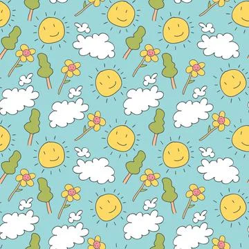 Pattern seamless kids with weather doodle element. Weather. Clouds and sun. C Stock Illustration