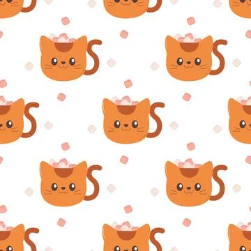 Pattern seamless mug with cat and marshmallows, winter, christmas. Stock Illustration