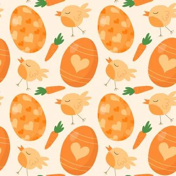 Pattern seamless with orange Easter eggs, chicken bird and carrot. Stock Illustration