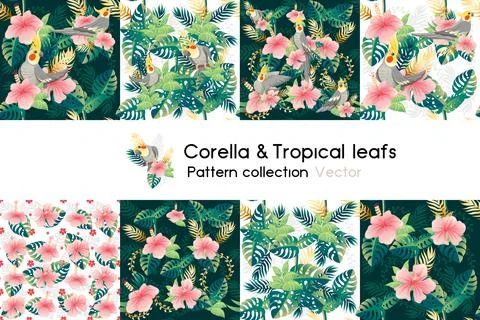 Pattern with seamless patterns collection of exotic green leaves with flower and Stock Illustration