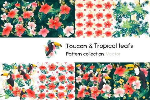 Pattern with seamless patterns collection of exotic green leaves with flower and Stock Illustration