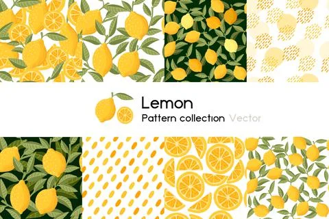 Pattern with seamless patterns collection of whole and chopped lemon with leaves Stock Illustration
