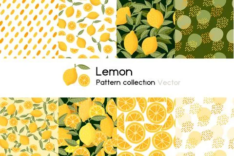 Pattern with seamless patterns collection of whole and chopped lemon with leaves Stock Illustration