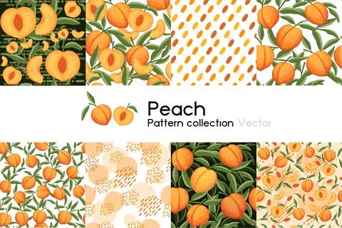 Pattern with seamless patterns collection of whole and sliced peach with leaves Stock Illustration
