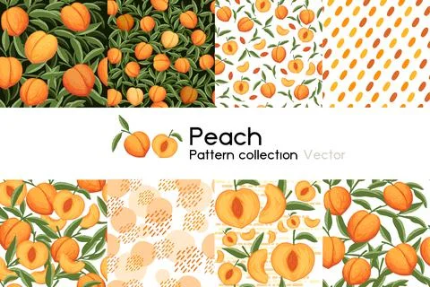 Pattern with seamless patterns collection of whole and sliced peach with leaves Stock Illustration