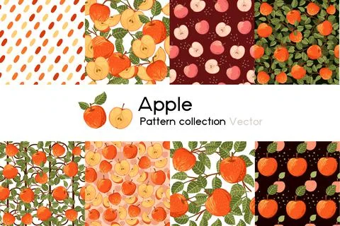 Pattern with seamless patterns collection of whole and sliced apple with leaves Stock Illustration